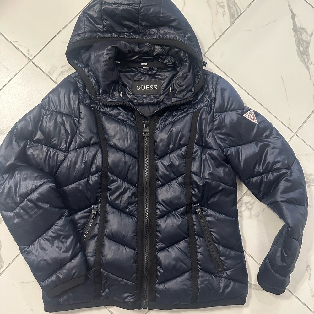 GUESS Women's Midnight Blue Quilted Puffer Jacket with Hood